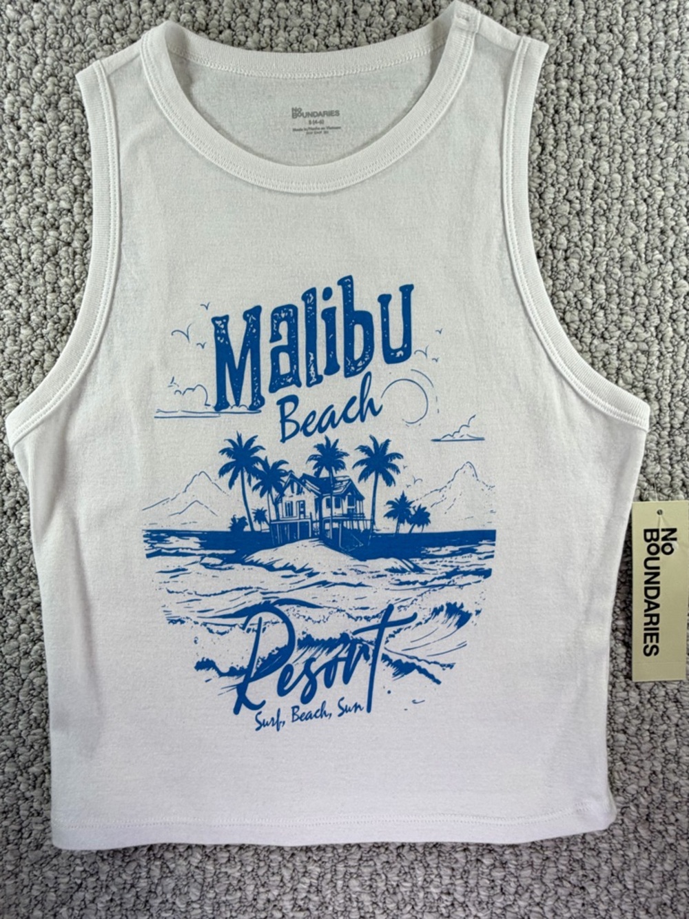 No boundaries crop-Racerback-white-tank top-blue Malibu Y2K-graphic-women size S